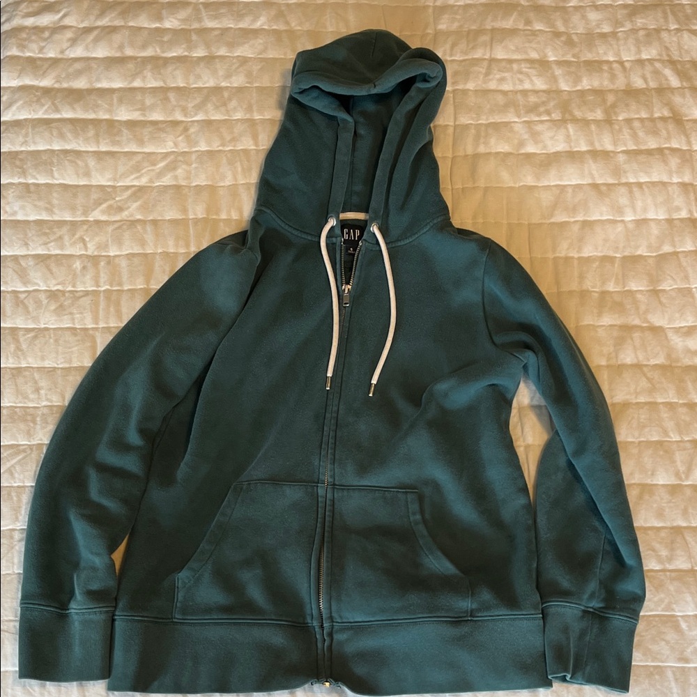 GAP Dark Green Zip-Up Hoodie with White Drawstrings